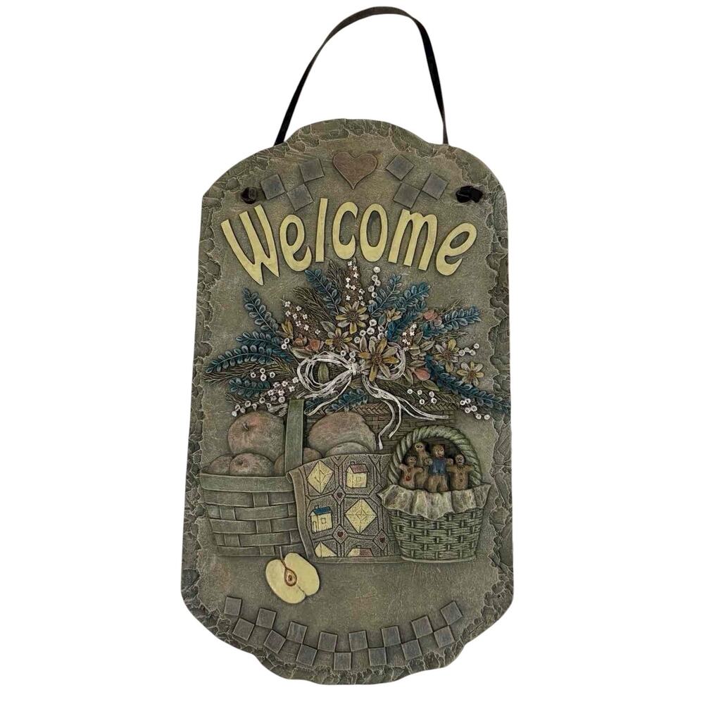 Vintage Country Welcome Wall Plaque Basket & Flowers 3D Raised Design Home Decor